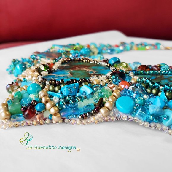 Turquoise Beaded Embroidery Statement Free-form Bib Necklace, Handmade Jewelry - Picture 4 of 10